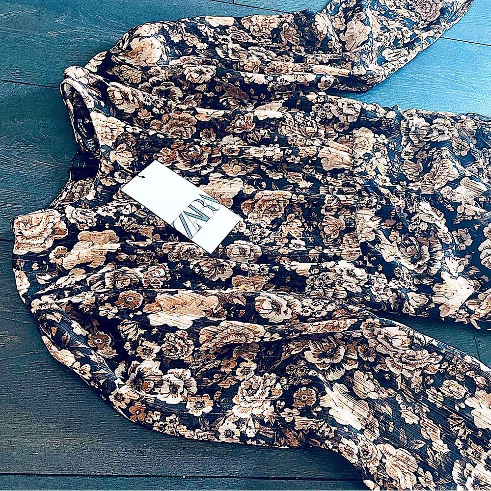 ZARA Floral Metallic Long Sleeve Mini Dress